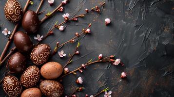 A stylish Easter composition featuring a variety of chocolate eggs-some decorated with elegant swirls and patterns-arranged alongside blooming willow branches on a dark textured background. photo