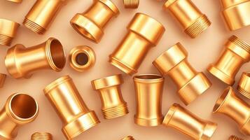 Multiple shiny brass pipe fittings, including couplings and threaded connectors on beige background. Ideal for illustrating plumbing, industrial components, and hardware design. photo