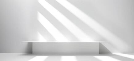 Minimalist interior space with soft diagonal sunlight streaming through unseen windows, casting bold shadows across white walls and floor. Clean architecture, beauty of natural light in photo