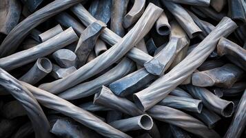 Pile of lead scrap, primarily composed of old, deformed cable sheaths ready for recycling. The raw, recycled material often used in metal recovery and heavy industry photo