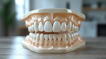 Model of human teeth displayed on a wooden table in a well-lit dental office setting showcasing dental anatomy and oral health education photo