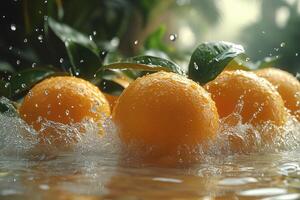 Oranges are being splashed in water photo