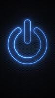 Glowing blue neon power on off button flickering on a black mesh vertical background. Technology concept ideal for user interface concepts, tech startups, app development and cybersecurity visuals. video