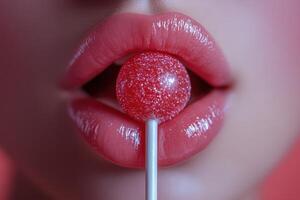 A close up of a woman's lips with a lollipop photo