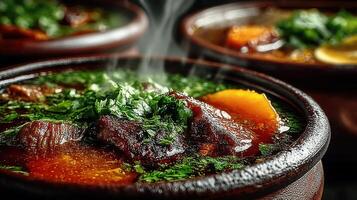 delicioso tradicional estofado con hierbas y vegetales servido en arcilla bochas a un acogedor comida ajuste foto