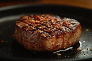 A steak on a plate with pepper and salt photo