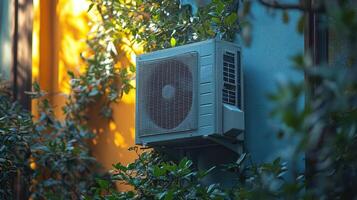 Air conditioning unit mounted on a wall amidst lush greenery in a vibrant urban setting during daylight photo