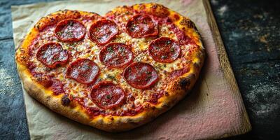Unique heart-shaped pizza with pepperoni and herbs served on wooden board photo