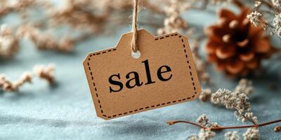 Sale tag placed on a textured blue surface surrounded by dried flowers and a pine cone photo