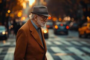 An elderly man in a hat and coat walking down a city street photo