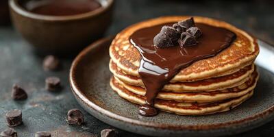 Pancakes with chocolate sauce on top photo