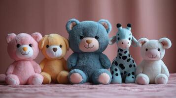 Colorful collection of plush toys arranged on a soft surface with a pastel backdrop in a cozy setting photo