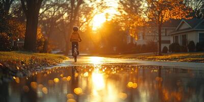 A person riding a bike on a street at sunset photo
