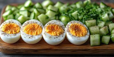 A cutting board with hard boiled eggs, cucumbers and celery photo