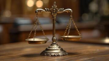 Vintage brass balance scale positioned on an antique wooden table in a courtroom setting during the afternoon photo