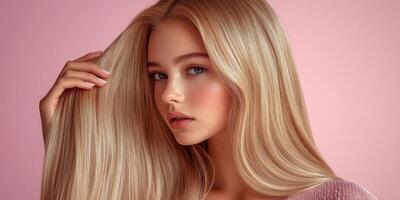 Beautiful model with long blonde hair posing against a soft pink background during a fashion photoshoot photo