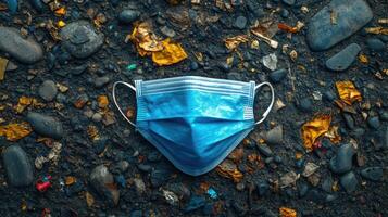 Discarded face mask resting on a bed of colorful debris on the ground in an urban setting after the pandemic photo