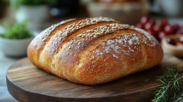 Freshly baked bread loaf on a wooden board with sesame topping and herbs in a cozy kitchen setting photo