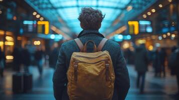 Traveler in a bustling train station, preparing for an adventure in the early morning photo