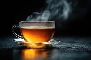 A cup of tea with steam on a dark background photo