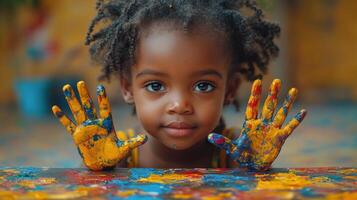 Young child joyfully displaying colorful painted hands while engaged in creative play in a vibrant art space photo