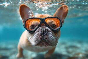 A dog wearing goggles in the water photo