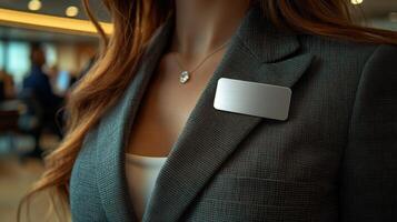 Professional woman in formal attire at a business event wearing a nametag while engaging with attendees during an evening networking session photo
