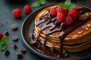 Pancakes with chocolate sauce and raspberries photo