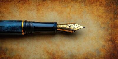 Elegant fountain pen resting on textured parchment surface with intricate nib design photo