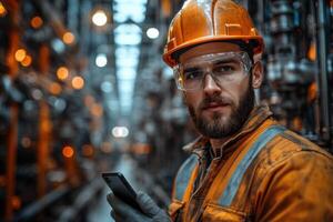 A man in an orange hard hat and safety glasses holding a cell phone photo