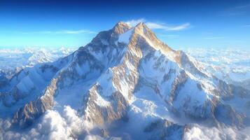 Majestic snow-covered mountain peaks rise above clouds in a clear blue sky during daylight photo