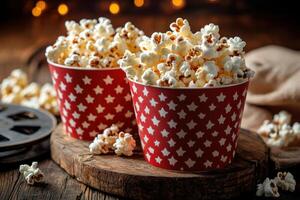 Two red cups of popcorn on a wooden table photo