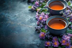 Two cups of tea with purple flowers on dark background photo