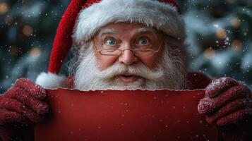 Santa Claus joyfully holding a red sign during a snowy winter evening photo