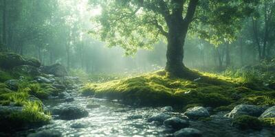 A stream runs through a forest with trees and rocks photo
