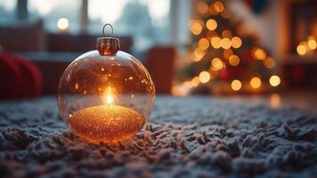 Ornament with candle and glitter on a rug at a cozy home during the holiday season photo