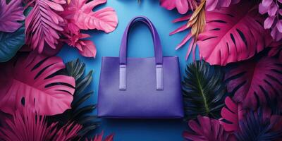 Stylish purple handbag surrounded by vibrant tropical leaves on a bold blue background photo