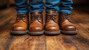 Stylish leather shoes lined up on a wooden floor, showcasing a fashion moment in a cozy indoor setting photo