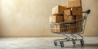 Shopping cart filled with cardboard boxes stacked carefully in a bright indoor space with a light background photo