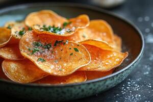 A bowl of potato chips with salt and herbs photo