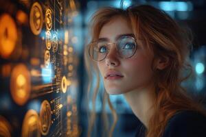 A woman wearing glasses looking at a computer screen photo