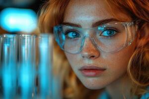 un mujer en lentes mirando a un prueba tubo foto