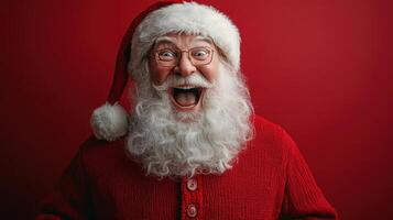 Cheerful Santa Claus celebrating the festive season with joy and excitement against a bright red background photo