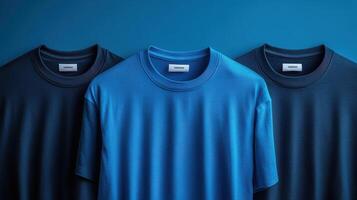 Collection of casual t-shirts in various shades of blue displayed against a solid blue background photo