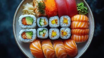 Delicious sushi platter featuring a variety of rolls and sashimi at a Japanese restaurant photo