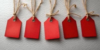 Colorful red tags are neatly arranged on a textured background for gift labeling or crafting purposes photo