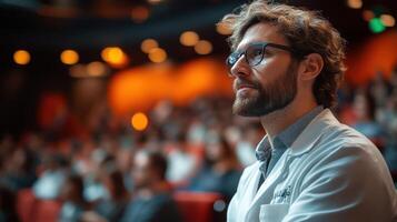 Doctor attentively listens to a lecture in an auditorium full of healthcare professionals during a medical conference photo