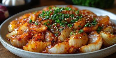 Delicious Korean dish featuring freshly cooked noodles topped with spicy sauce and scallions served on a white plate photo