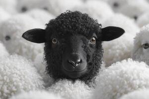 A black sheep is surrounded by a flock of white sheep photo