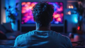 Person watching colorful display on large screen in a cozy living room during evening hours photo